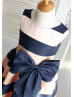 Pink Navy Blue Stripe Taffeta Knee Length Flower Girl Dress